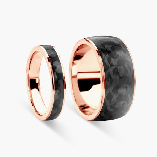 Obrączki ślubne: carbon, różowe złoto, półokrągłe, 4 mm i 10 mm